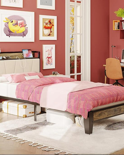 LIKIMIO Twin XL Bed Frames, Storage Headboard with Charging Station, Solid and Stable, Noise Free, No Box Spring Needed, Easy Assembly (Walnut and Beige) - LeafyLoom