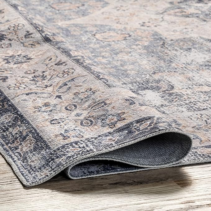 nuLOOM Elsa Floral Blossom Machine Washable Ultra Thin Area Rug, 4' x 6', Blue - LeafyLoom