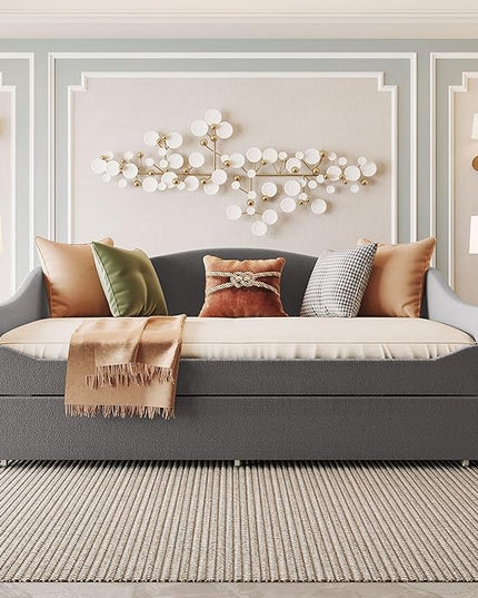 Teddy Fleece Full Size Upholstered Daybed with LED Light and Trundle,Modern Wood Platform Bed W/Side Stripes,Easy Assembly,for Bedroom,Living Room,Guestroom,Gray - LeafyLoom