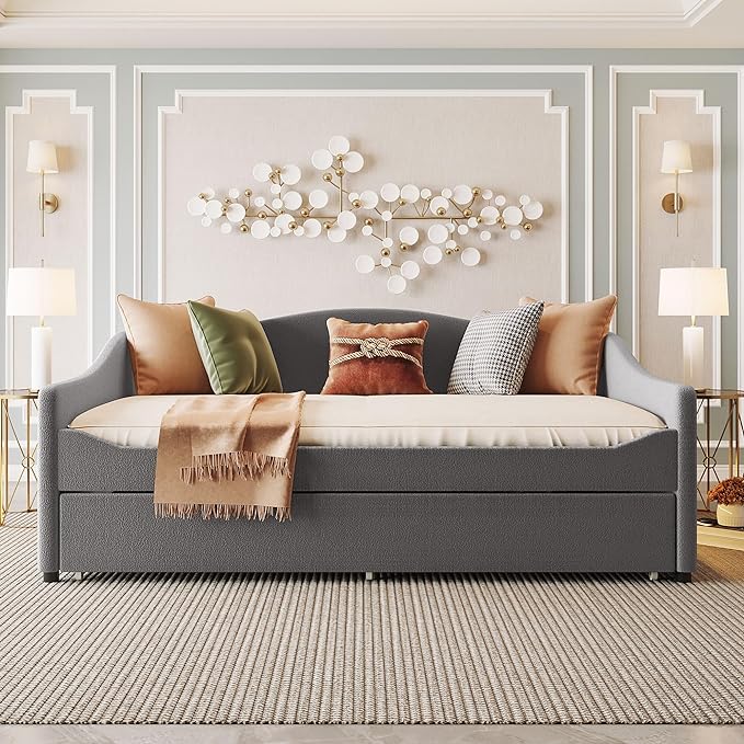 Teddy Fleece Full Size Upholstered Daybed with LED Light and Trundle,Modern Wood Platform Bed W/Side Stripes,Easy Assembly,for Bedroom,Living Room,Guestroom,Gray - LeafyLoom