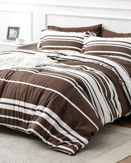 Bedsure Bed in a Bag King Size 7-Piece Brown White Striped Bedding Comforter Sets All Season Bed Set, 2 Pillow Shams, Flat Sheet, Fitted Sheet and 2 Pillowcases - LeafyLoom