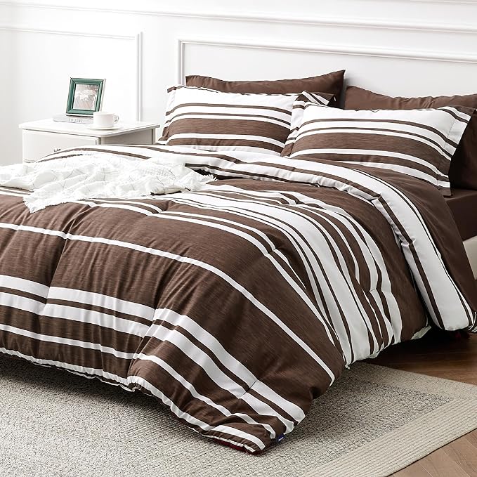 Bedsure Bed in a Bag California King Size 7-Piece Brown White Striped Bedding Comforter Sets All Season Bed Set, 2 Pillow Shams, Flat Sheet, Fitted Sheet and 2 Pillowcases - LeafyLoom