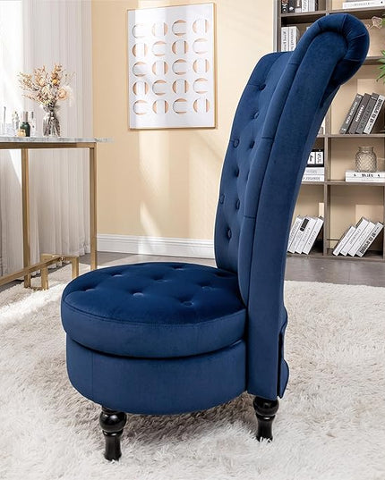 Royal High-Back Velvet Accent Chair for Vanity with Storage and Luxurious Upholstery, Retro Design and Versatile Usage for Living Room, Bedroom, Lounge and Office, Dark Blue - LeafyLoom