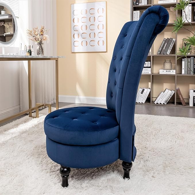 Royal High-Back Velvet Accent Chair for Vanity with Storage and Luxurious Upholstery, Retro Design and Versatile Usage for Living Room, Bedroom, Lounge and Office, Dark Blue - LeafyLoom