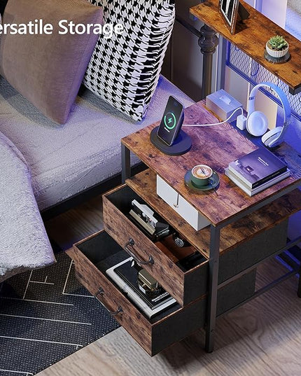 Tall Nightstand with Charging Station and LED Lights, Night Stand with Fabric Drawers, Bedside Table 36.4 Inch with Storage Shelves, Side Table, Mesh Shelves with Metal Hooks, Rustic Brown - LeafyLoom