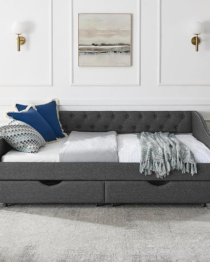 RITSU Full Size Mid-Century Daybed, 2 Storage Drawers,Linen Button Upholstered Tufted Sofa Bed, Copper Nail on Waved Shape Arms, No Box Spring Needed,for Bedroom, Livingroom, 80.50, Dark Grey-2 - LeafyLoom