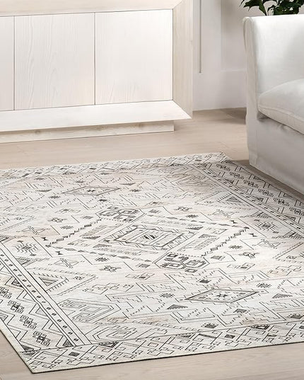 nuLOOM Malena Tribal Bordered Machine Washable Ultra Thin Area Rug, 6' x 9', Light Grey - LeafyLoom