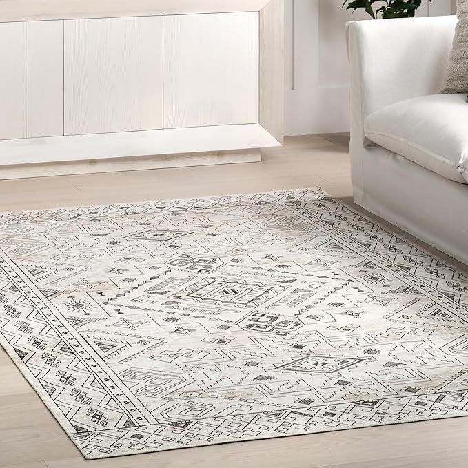 nuLOOM Malena Tribal Bordered Machine Washable Ultra Thin Area Rug, 3' x 5', Light Grey - LeafyLoom