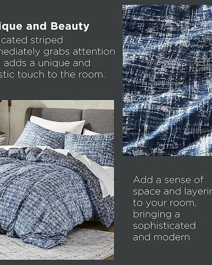 Hyde Lane Blue Full/Queen Comforter Set for Men, Modern Farmhouse Aesthetic Soft Bedding, Masculine Plaid Lines Pattern Bed Sets for All Season, 3 Pieces includes 1 Comforter, 2 Shams (90"x 90") - LeafyLoom
