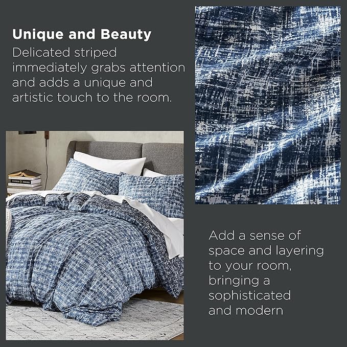 Hyde Lane Blue Full/Queen Comforter Set for Men, Modern Farmhouse Aesthetic Soft Bedding, Masculine Plaid Lines Pattern Bed Sets for All Season, 3 Pieces includes 1 Comforter, 2 Shams (90"x 90") - LeafyLoom