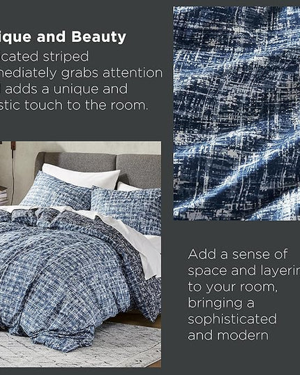 Hyde Lane Comforter King Size for Men, Blue Modern Farmhouse Aesthetic Soft Bedding Set, Masculine Plaid Lines Pattern Bed Sets for All Season, 3 Pieces includes 1 Comforter, 2 Shams (104"x 90") - LeafyLoom
