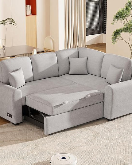3 in 1 Convertible Sectional Sofa with Pull Out Bed , 87.4" L Shaped Corner Couch with USB Charging Ports & Plug Outlet , Breathable Linen Fabric Conversion Sofabed for Living Room Office Furniture - LeafyLoom