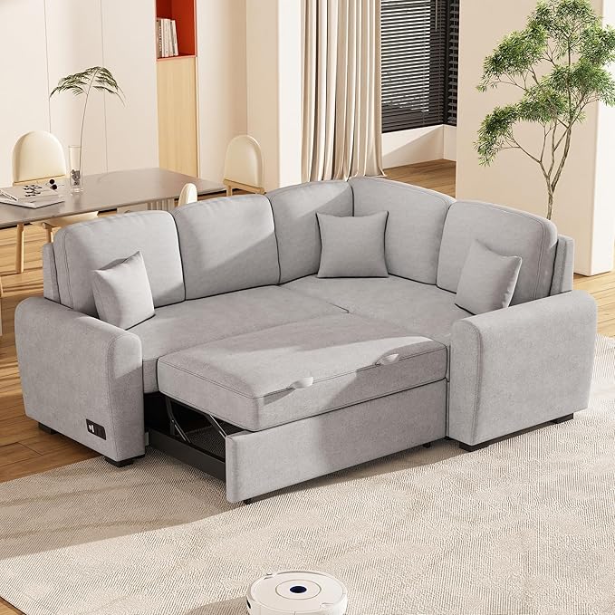 3 in 1 Convertible Sectional Sofa with Pull Out Bed , 87.4" L Shaped Corner Couch with USB Charging Ports & Plug Outlet , Breathable Linen Fabric Conversion Sofabed for Living Room Office Furniture - LeafyLoom