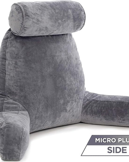 Husband Pillow XXL Aspen Edition, Adult Reading Sit Up Bed Rest Pillow for Bed with Arms & Neck Roll on Bungee Cord - Premium Memory Foam - Reversible 2 Sided Cover Micro Suede or Plush, Iron Grey - LeafyLoom