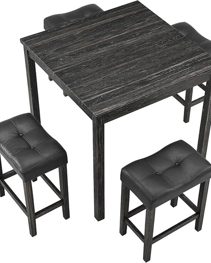 RITSU 5 Piece Industrial Bistro Dining Set, Square Breakfast Table + 4 Upholstered Stools, for Living, Small Apartment, Kitchen, Farmhouse, Game Room, Black - LeafyLoom