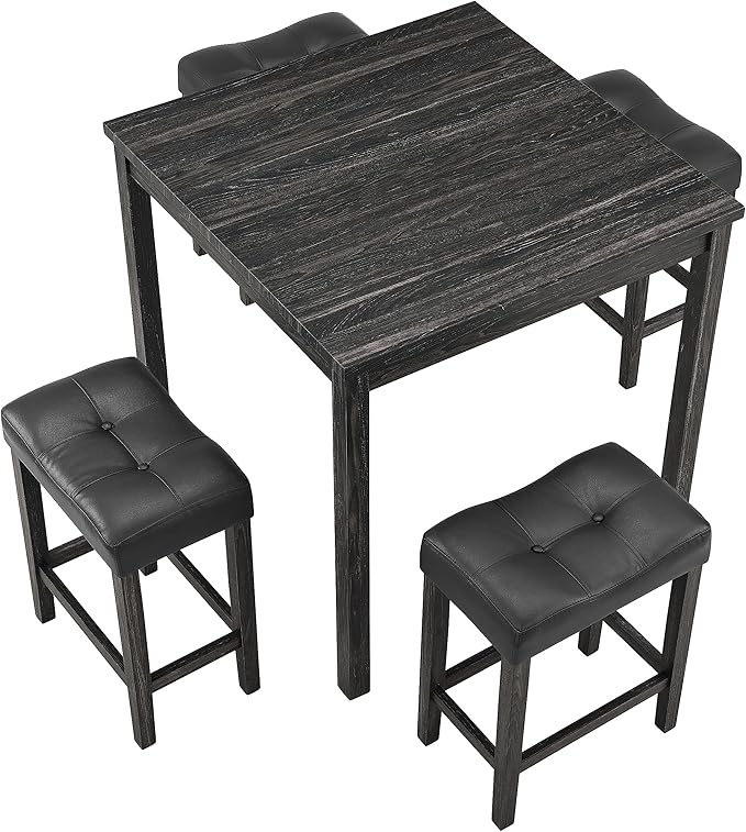 RITSU 5 Piece Industrial Bistro Dining Set, Square Breakfast Table + 4 Upholstered Stools, for Living, Small Apartment, Kitchen, Farmhouse, Game Room, Black - LeafyLoom