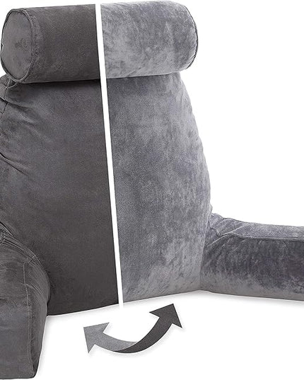 Husband Pillow XXL Aspen Edition, Adult Reading Sit Up Bed Rest Pillow for Bed with Arms & Neck Roll on Bungee Cord - Premium Memory Foam - Reversible 2 Sided Cover Micro Suede or Plush, Iron Grey - LeafyLoom