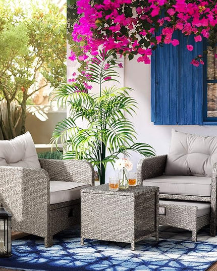 Pamapic 5 Pieces Outdoor Patio Wicker Chairs Set with Ottoman .Outside Conversation Furniture set with Cushions and Coffee for Balcony Porch Lawn Garden Table(Grey Cushion+Light Grey Rattan) - LeafyLoom