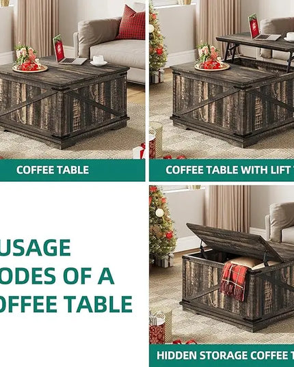 YITAHOME Farmhouse Lift Top Coffee Table, Square Wood Center Table with Large Hidden Storage Compartment for Living Room, Rustic Cocktail Table with Lift Top for Home Office,Dark Rustic Oak - LeafyLoom