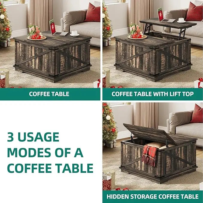 YITAHOME Farmhouse Lift Top Coffee Table, Square Wood Center Table with Large Hidden Storage Compartment for Living Room, Rustic Cocktail Table with Lift Top for Home Office,Dark Rustic Oak - LeafyLoom