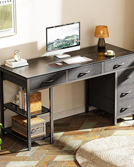 Computer Desk with 6 Drawers, 47 Inch Office Desk with Shelves, Reversible Gaming Desk, Corner Desk with Storage, Work Desk for Home Office, Study, Living Room, Black - LeafyLoom