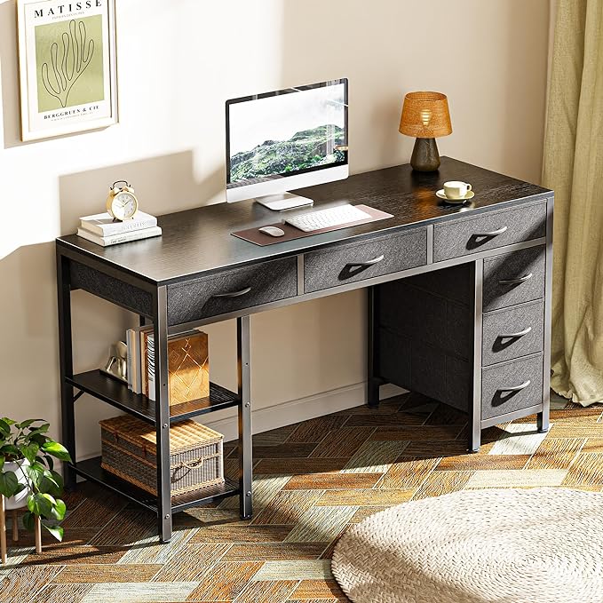 Computer Desk with 6 Drawers, 47 Inch Office Desk with Shelves, Reversible Gaming Desk, Corner Desk with Storage, Work Desk for Home Office, Study, Living Room, Black - LeafyLoom