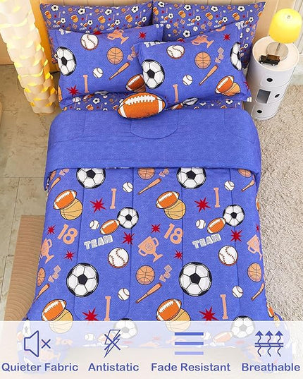Mooreeke Bed in a Bag for Kids Boys Teens, 8 Pieces Full Size Comforter Bed Set with Shams, Sheet Set and Decorative Toy Pillow, Balls Blue Super Soft Microfiber Kids Comforter Bedding Set - LeafyLoom
