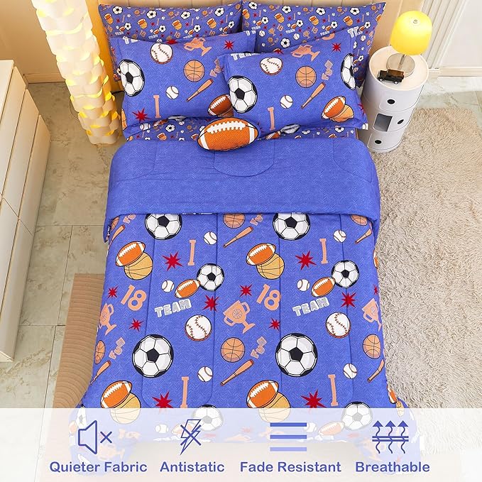 Mooreeke Bed in a Bag for Kids Boys Teens, 8 Pieces Full Size Comforter Bed Set with Shams, Sheet Set and Decorative Toy Pillow, Balls Blue Super Soft Microfiber Kids Comforter Bedding Set - LeafyLoom