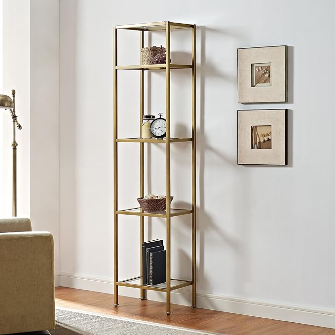 Crosley Furniture Aimee Narrow Etagere Bookcase - Gold and Glass - LeafyLoom