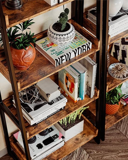 IRONCK Industrial Bookshelf 5-Tier, Bookcase Ladder Shelf, Storage Shelves Rack Shelf Unit, Accent Furniture Metal Frame, Home Office Furniture for Bathroom, Living Room - LeafyLoom