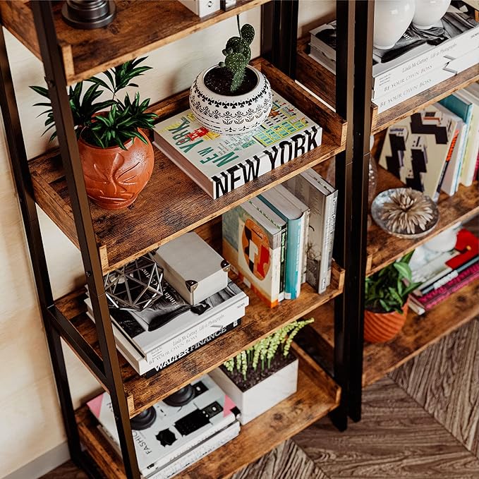 IRONCK Industrial Bookshelf 5-Tier, Bookcase Ladder Shelf, Storage Shelves Rack Shelf Unit, Accent Furniture Metal Frame, Home Office Furniture for Bathroom, Living Room - LeafyLoom