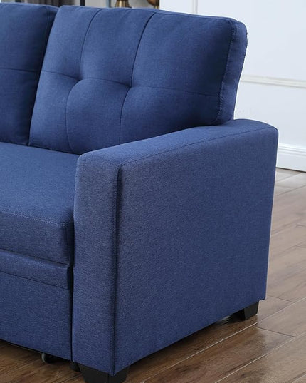 Sectional Sofa with Tufted Seat & Back Cushion,Solid Wood Frame Dsign, Linen Reversible w/Storage Chaise and Pull-Out Sleeper for Home, Small Space Apartment, 82 Inch, Blue - LeafyLoom