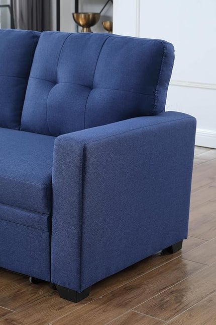 Sectional Sofa with Tufted Seat & Back Cushion,Solid Wood Frame Dsign, Linen Reversible w/Storage Chaise and Pull-Out Sleeper for Home, Small Space Apartment, 82 Inch, Blue - LeafyLoom