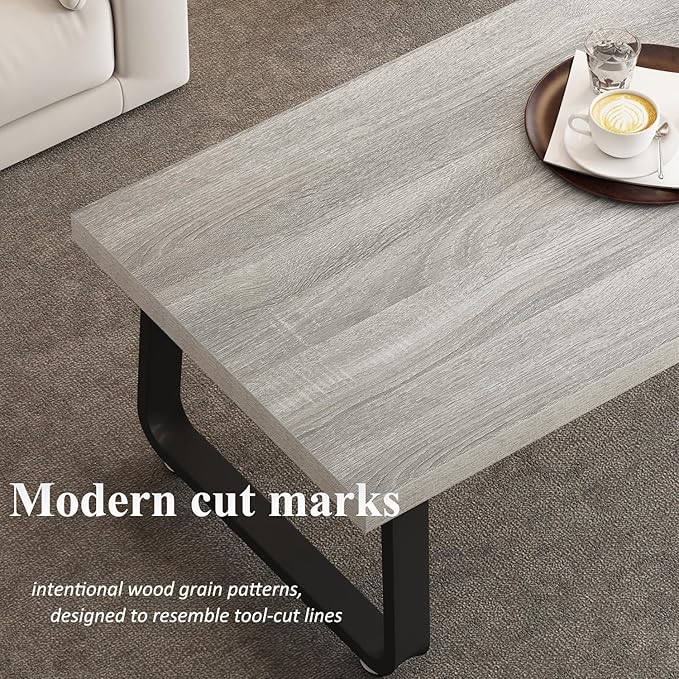 HSH Industrial Coffee Table, Modern Minimalist Center Table, Wooden Rectangle Living Room Table for Small Space, Farmhouse Wood and Metal Tea Table for Home Bedroom Office, Light Grey Oak, 47 in - LeafyLoom