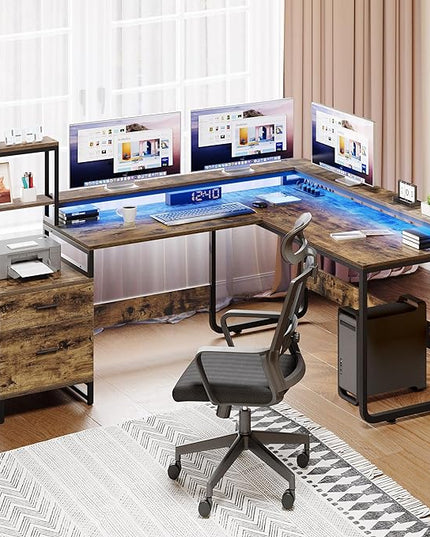YITAHOME L Shaped Desk with Power Outlets & Hutch, Computer Desk with Drawers & LED Lights, Reversible Corner Office Desk with Printer Stand for Home Office, Rustic Brown - LeafyLoom