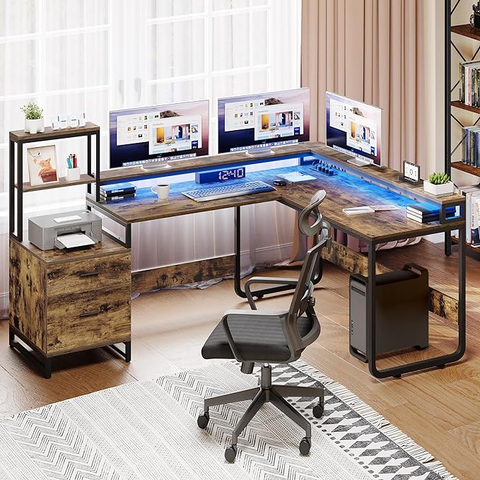 YITAHOME L Shaped Desk with Power Outlets & Hutch, Computer Desk with Drawers & LED Lights, Reversible Corner Office Desk with Printer Stand for Home Office, Rustic Brown - LeafyLoom
