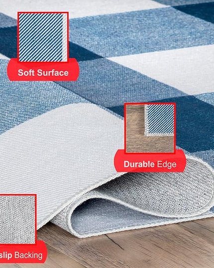 nuLOOM Lucy Machine Washable Farmhouse Buffalo Plaid Ultra Thin Area Rug, 8x10, Blue - LeafyLoom