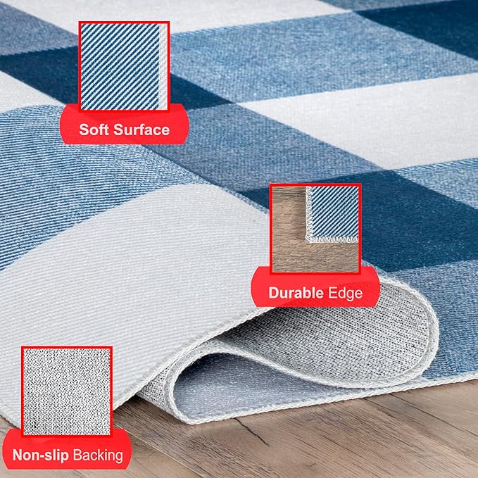 nuLOOM Lucy Machine Washable Farmhouse Buffalo Plaid Ultra Thin Area Rug, 8x10, Blue - LeafyLoom