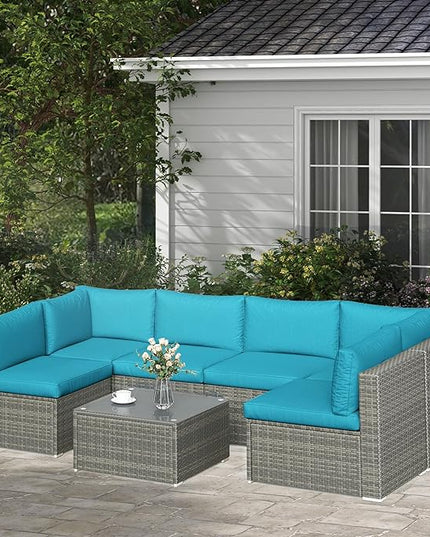 SUNVIVI OUTDOOR 7 Piece Patio Furniture Sets All Weather Grey PE Wicker Couch Sofa with Glass Table, Removable Blue Cushions - LeafyLoom
