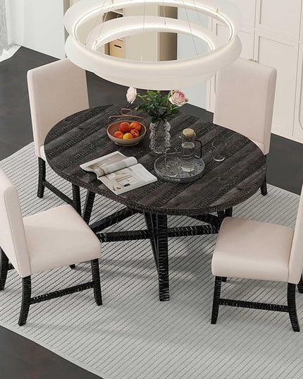 5-Piece Retro Wooden Round Extendable Dining Table Set with 4 Upholstered Chairs for Dinette Room and Kitchen (42", Black), 42"-58" L x 42" W x 30" H - LeafyLoom