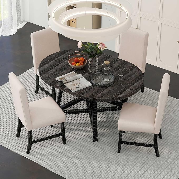 5-Piece Retro Wooden Round Extendable Dining Table Set with 4 Upholstered Chairs for Dinette Room and Kitchen (42", Black), 42"-58" L x 42" W x 30" H - LeafyLoom
