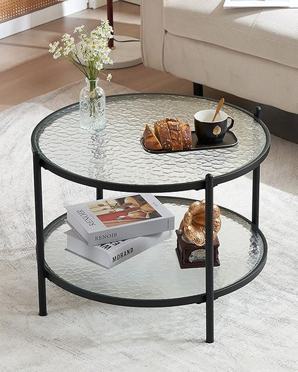 VINGLI 25.6" Small Matte Black Round Coffee Table Water-wave Glass Circle Clear Coffee Table, Center Table with 2-Tier Modern Storage Design for Living Room, Bedroom, Meeting Room, Balcony, Patio - LeafyLoom