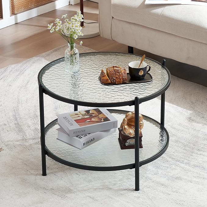 VINGLI 25.6" Small Matte Black Round Coffee Table Water-wave Glass Circle Clear Coffee Table, Center Table with 2-Tier Modern Storage Design for Living Room, Bedroom, Meeting Room, Balcony, Patio - LeafyLoom