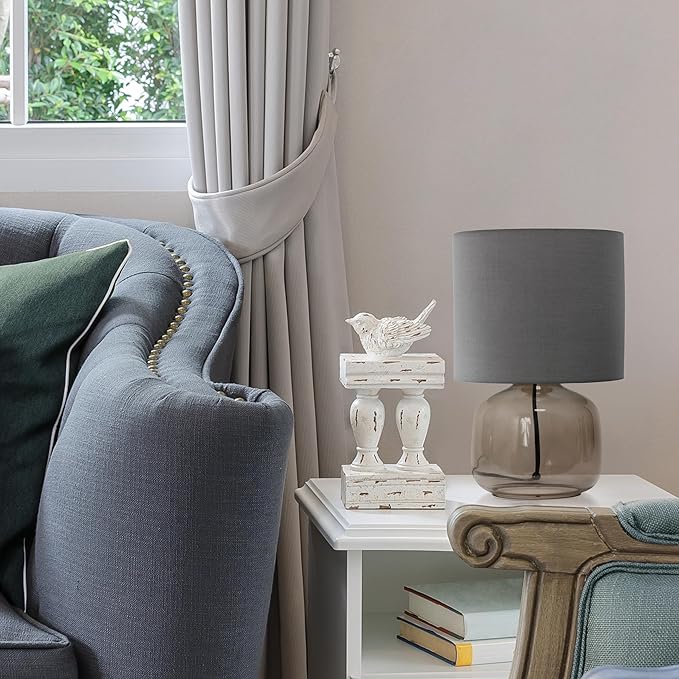 Simple Designs LT2064-SMG Smoke Gray Glass Table Lamp with Gray Fabric Shade - LeafyLoom