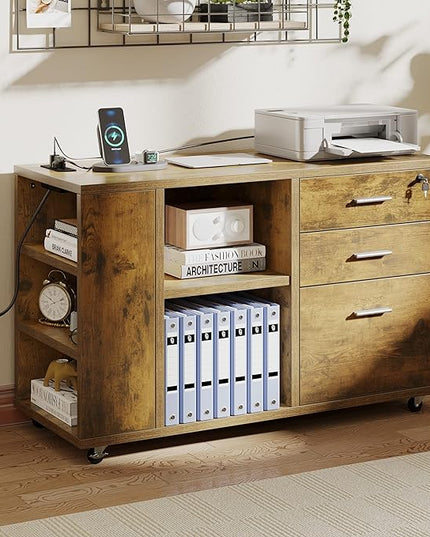 YITAHOME 3 Drawer File Cabinet with Charging Station, Home Office Furniture, Brown - LeafyLoom