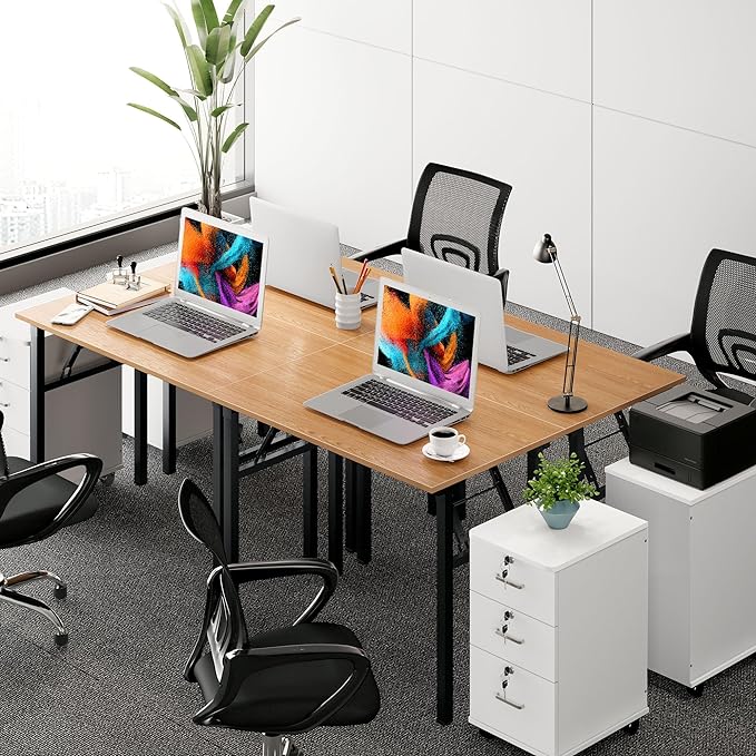 Need Folding Desk for Home Office 39-3/8'' Length Modern Folding Table Computer Desk No Install Needed Teak Color Desktop Black Frame, AC5BB(10060) - LeafyLoom