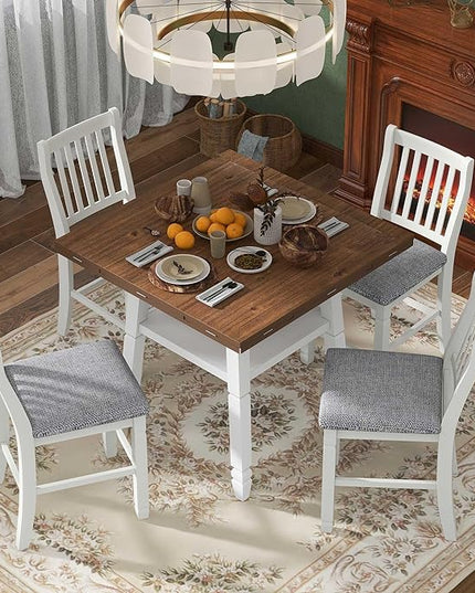 5-Piece Counter Height Round Set in 2 Table Sizes with 4 Folding Leaves and Upholstered Chairs for Dining Room (Espresso+White+Gray Cushion), 38"~54" L x 38"~54" W x 36.2" H - LeafyLoom