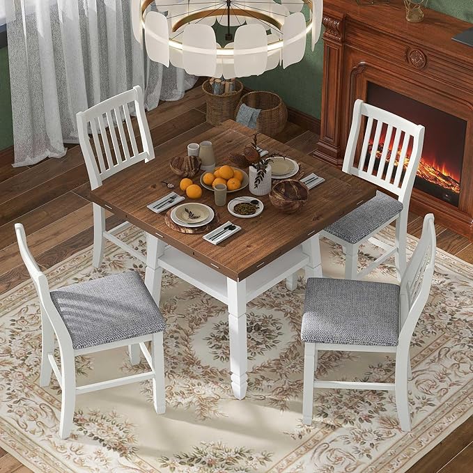 5-Piece Counter Height Round Set in 2 Table Sizes with 4 Folding Leaves and Upholstered Chairs for Dining Room (Espresso+White+Gray Cushion), 38"~54" L x 38"~54" W x 36.2" H - LeafyLoom