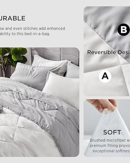 Bedsure Ivory Queen Comforter Set - 7 Pieces Reversible Queen Bed in a Bag, Queen Bed Set Ivory and Grey with Comforters, Sheets, Pillowcases & Shams - LeafyLoom