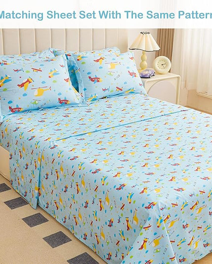 Mooreeke Bed in a Bag for Kids Boys Teens, 7 Pieces Full Size Aircraft Print Comforter Bed Set with Shams, Sheet Set, Airplane Blue Super Soft Microfiber Kids Comforter Bedding Set - LeafyLoom